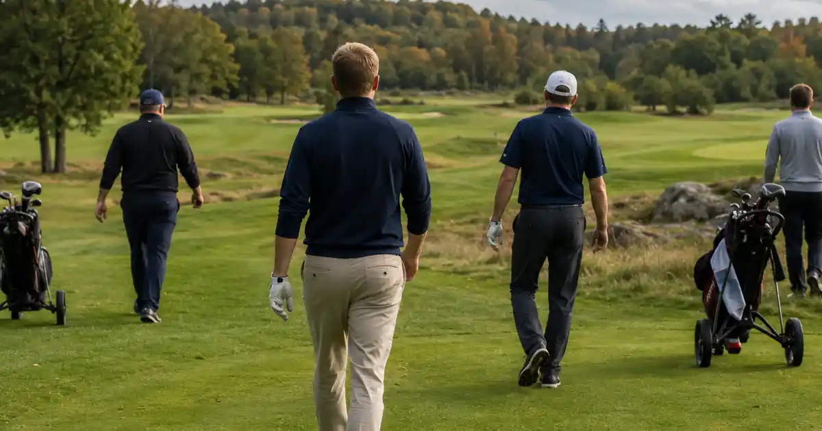 Golfsällskap på väg fram längs fairway