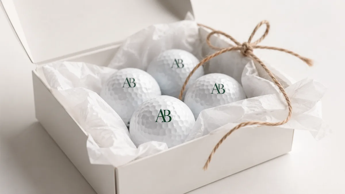 Golfbollar med logotyp i presentbox — exklusiv företagsgåva