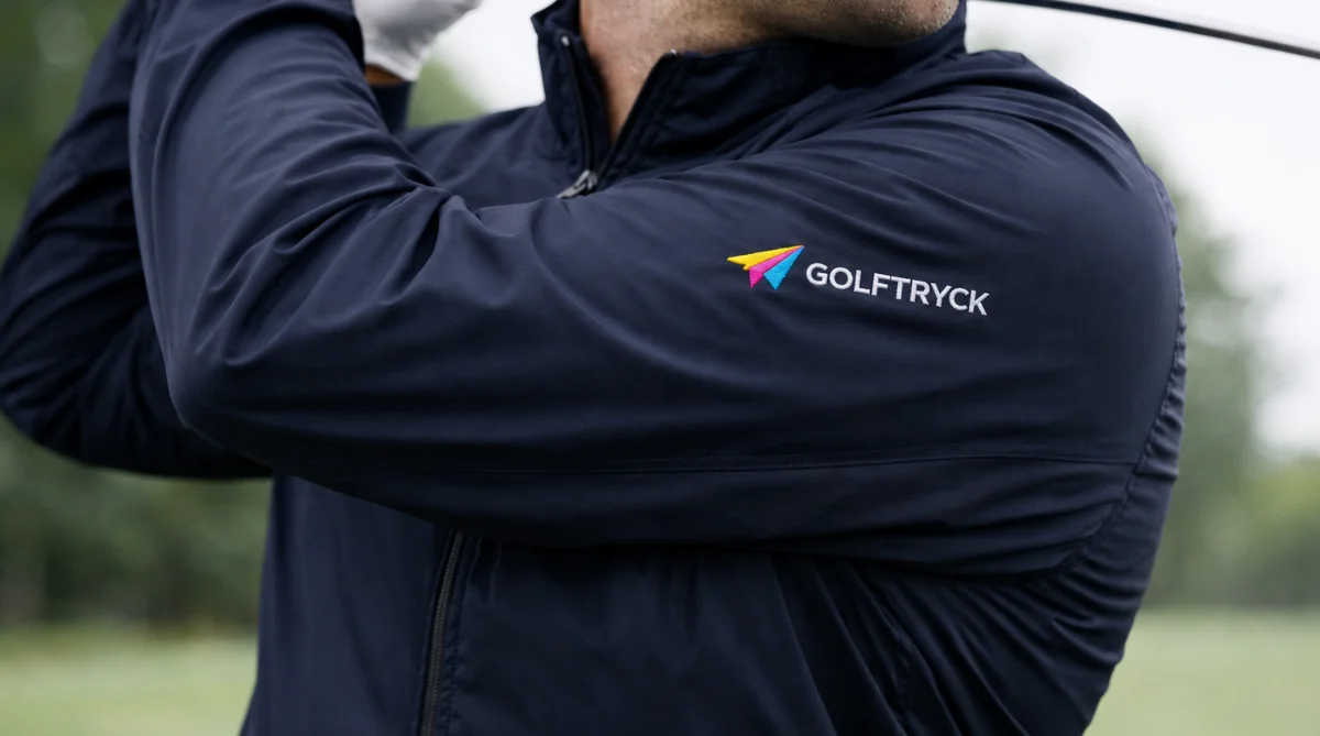 Golfare med broderad logotyp på vindjacka